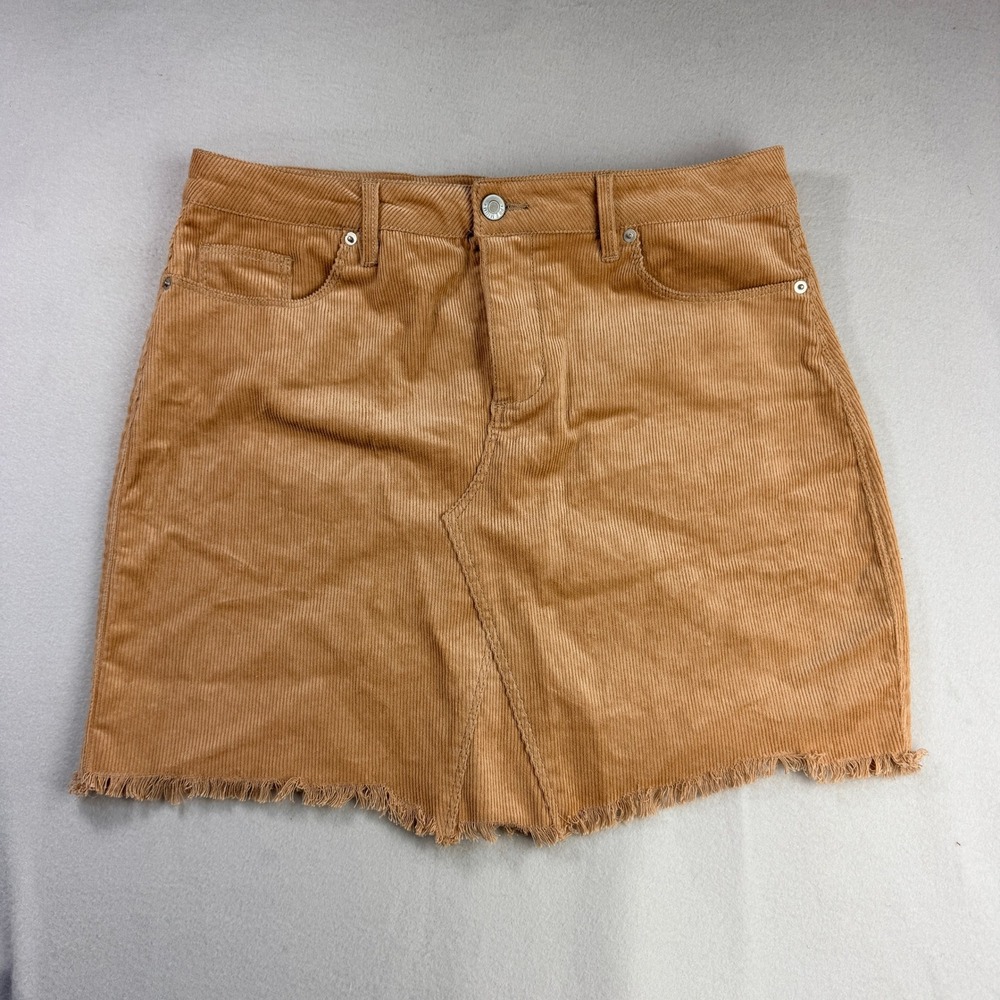 Love Tree Womens XL Corduroy Mini Skirt Camel Tan Frayed Hem Stretch 5-Pocket